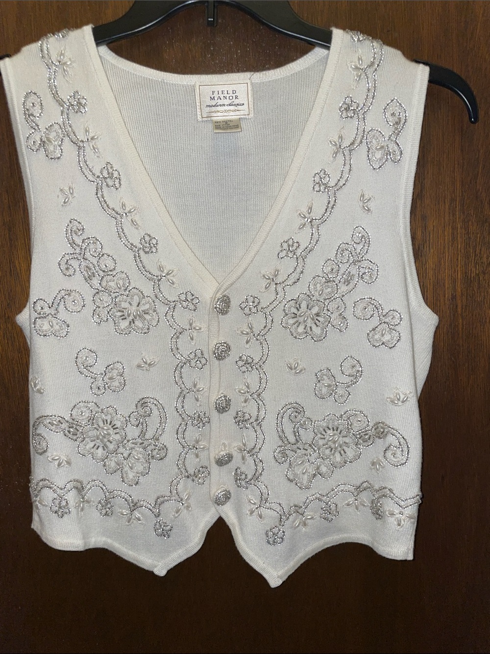 Field Manor cream-colored knit vest with lots of beading